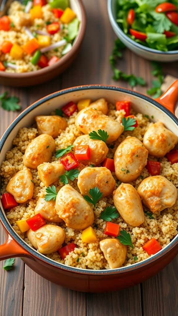 One-pot quinoa and chicken with vegetables in a rustic pot, garnished with parsley.